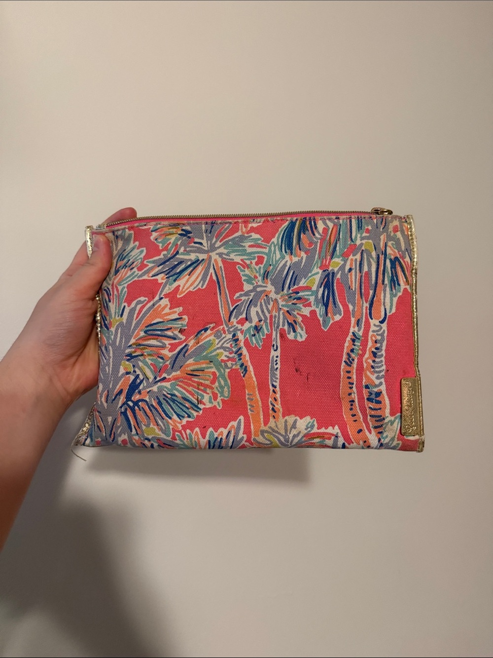 Lilly Pulitzer Coral Palm-Print Cosmetic Pouch with Gold Trim